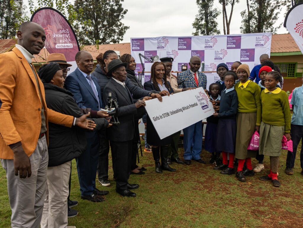 The Kiiru Family and ENAF handover the mobile laboratory at Thirikwa Primary School